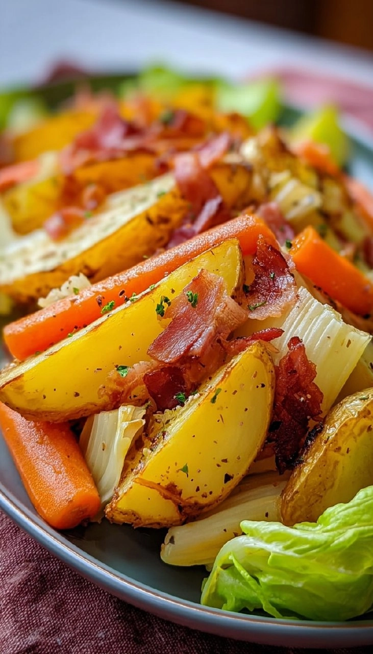 Ofenkartoffeln mit Speck, Endivie, Möhren & Pastinaken