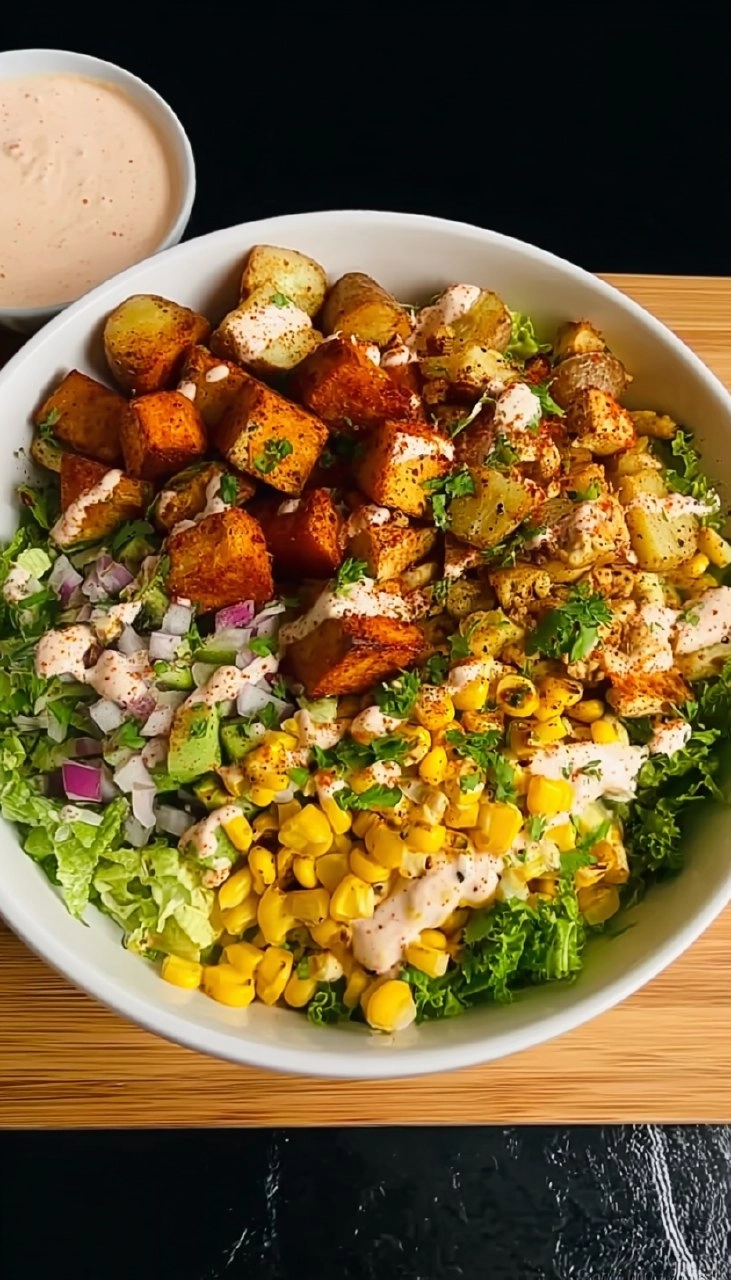 Kartoffel Hähnchen Bowl mit Mais Salat