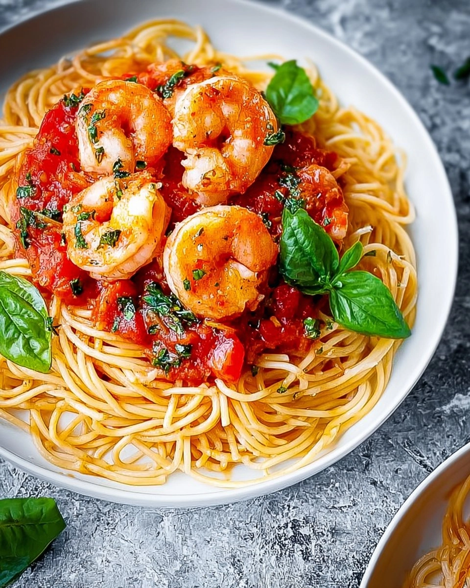 Knoblauch-Garnelen auf Spaghetti mit Tomatensauce