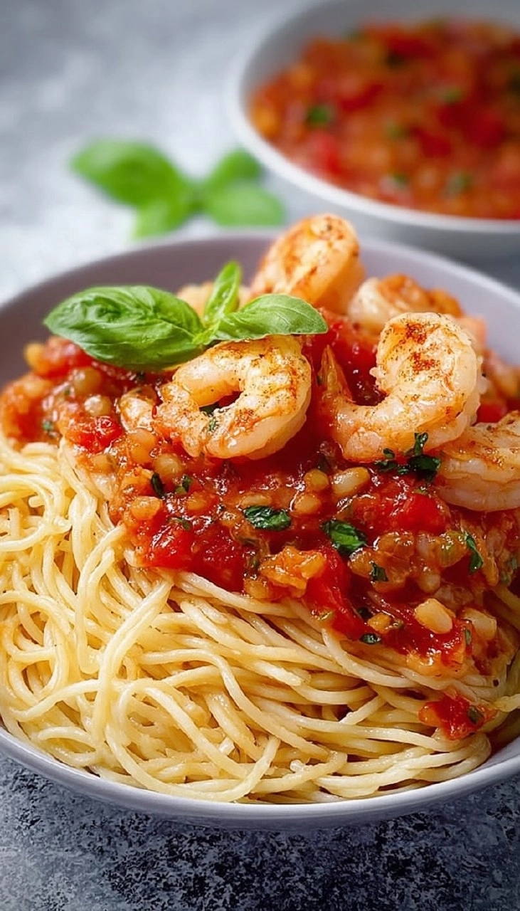 Knoblauch-Garnelen auf Spaghetti mit Tomatensauce