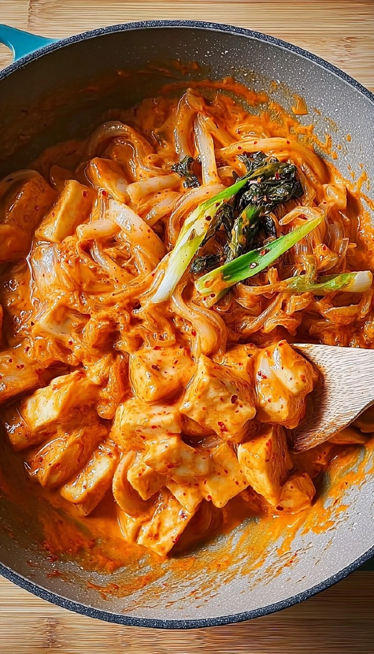 Tofu-Scherennudeln mit Kimchi-Sahnesauce