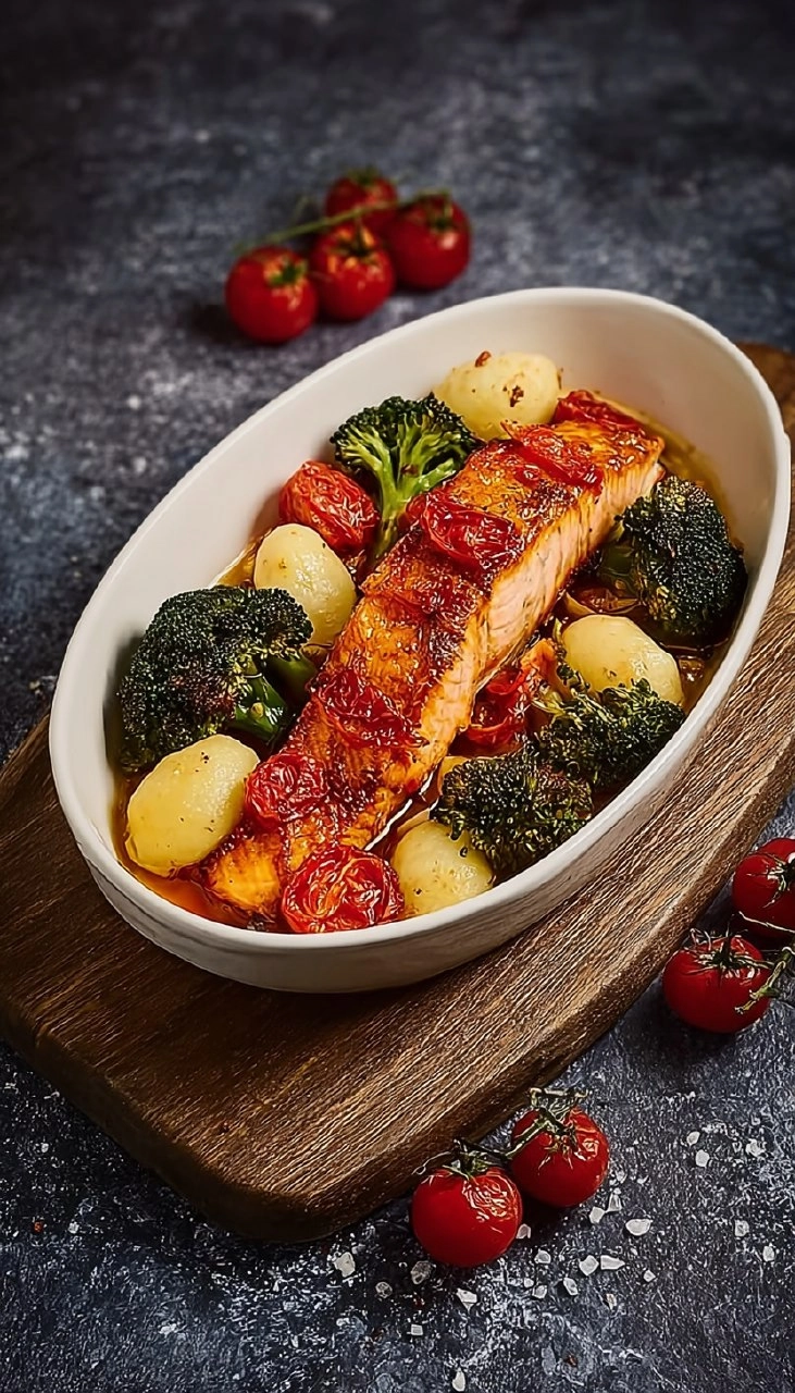 Lachs aus dem Airfryer mit Gnocchi, Brokkoli und Tomaten