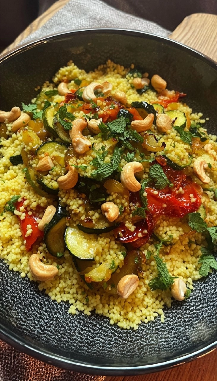 Zitroniger Couscous mit geröstetem Gemüse und Cashews